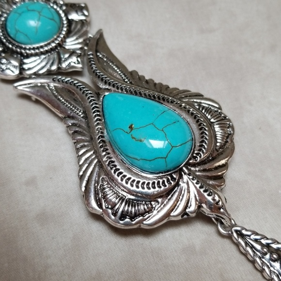 Boho Statement Necklace Turquoise Silvertone Set - Picture 2 of 7